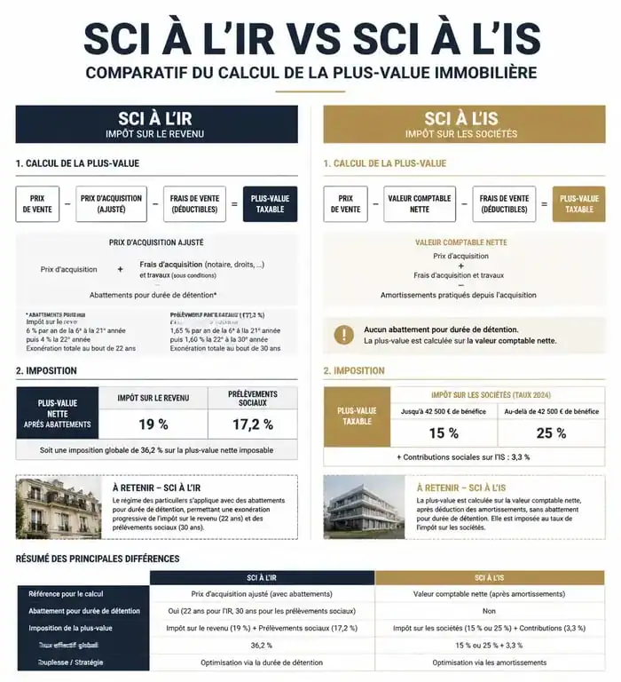 Comparatif fiscal : calcul plus-value immobilière SCI à l'IR vs SCI à l'IS