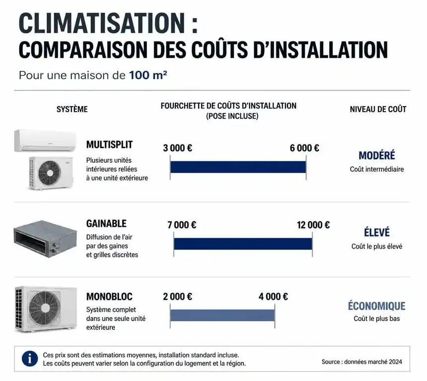 Comparatif des prix d'installation d'une climatisation pour une maison de 100m2 selon le type de système