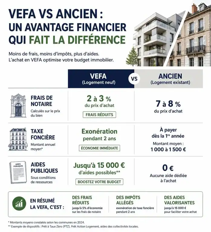 Infographie comparative achat VEFA vs ancien pour aider à la décision d'achat immobilier