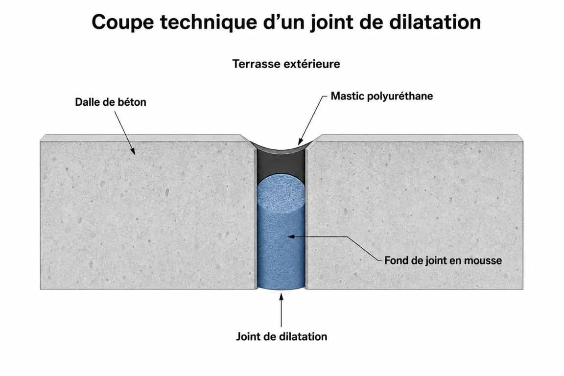 Schéma technique d'un joint de dilatation pour terrasse extérieure avec mastic et fond de joint