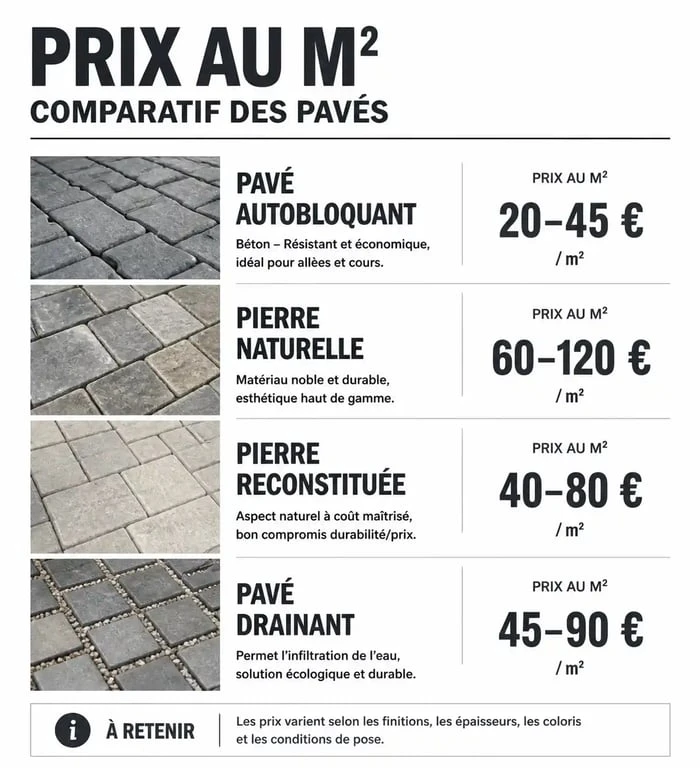Comparatif des prix au m2 pour la pose de pavés selon le matériau