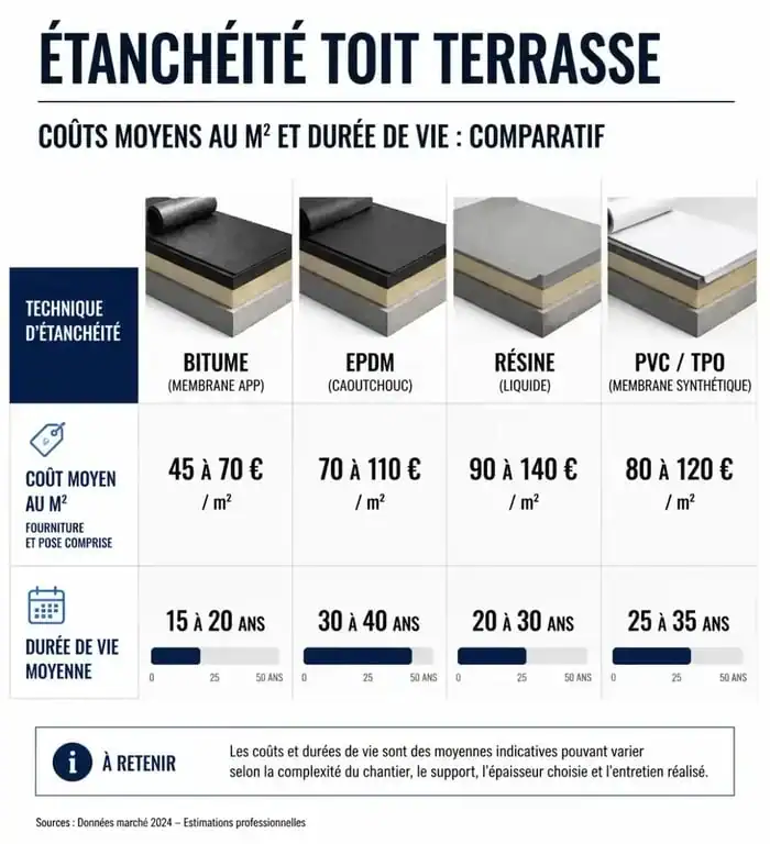Comparatif des prix au m2 et durée de vie pour l'étanchéité toit terrasse