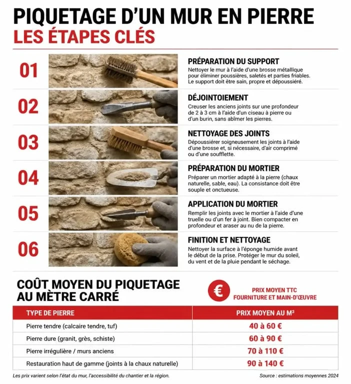 Infographie des étapes et coûts du piquetage de mur en pierre
