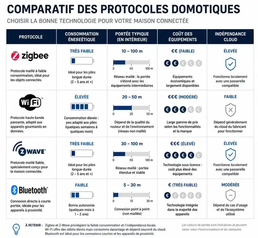 Tableau comparatif des protocoles domotiques : Zigbee, Wi-Fi, Z-Wave et Bluetooth pour une installation domotique efficace.