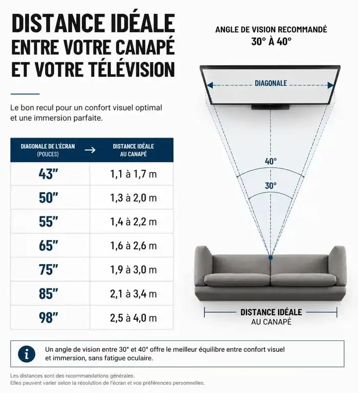 Infographie illustrant la distance idéale entre la télévision et le canapé selon la taille de l'écran