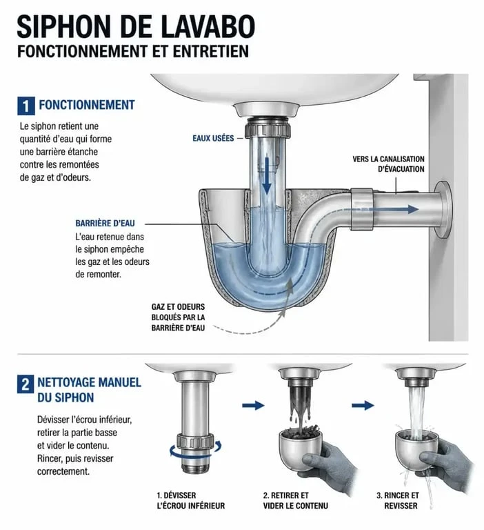 Schéma explicatif du fonctionnement d'un siphon de canalisation pour comprendre l'origine des odeurs et comment les éliminer