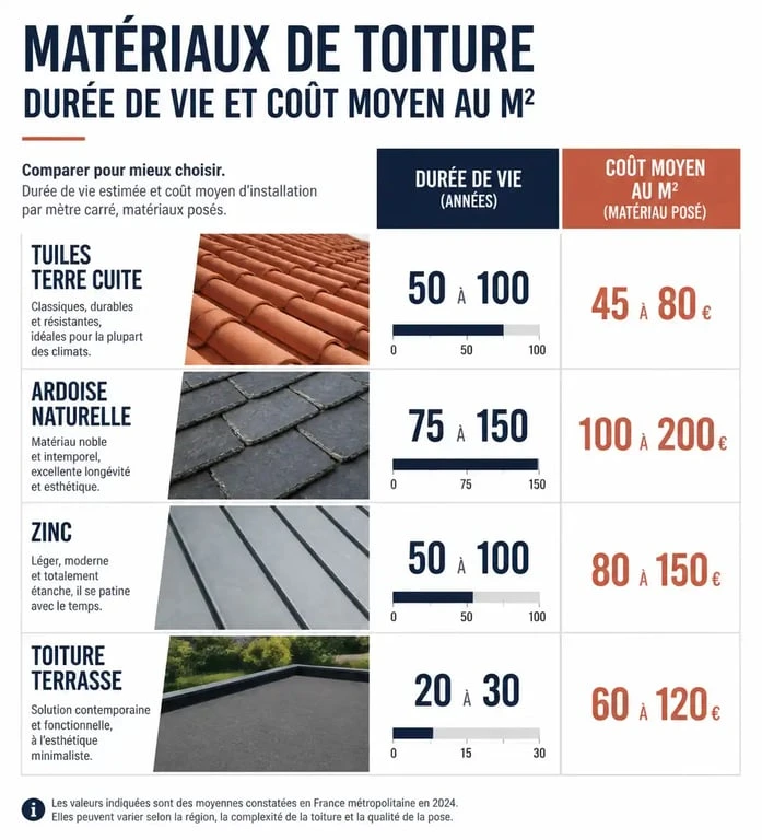 Tableau comparatif des coûts et durées de vie des matériaux pour une toiture à refaire
