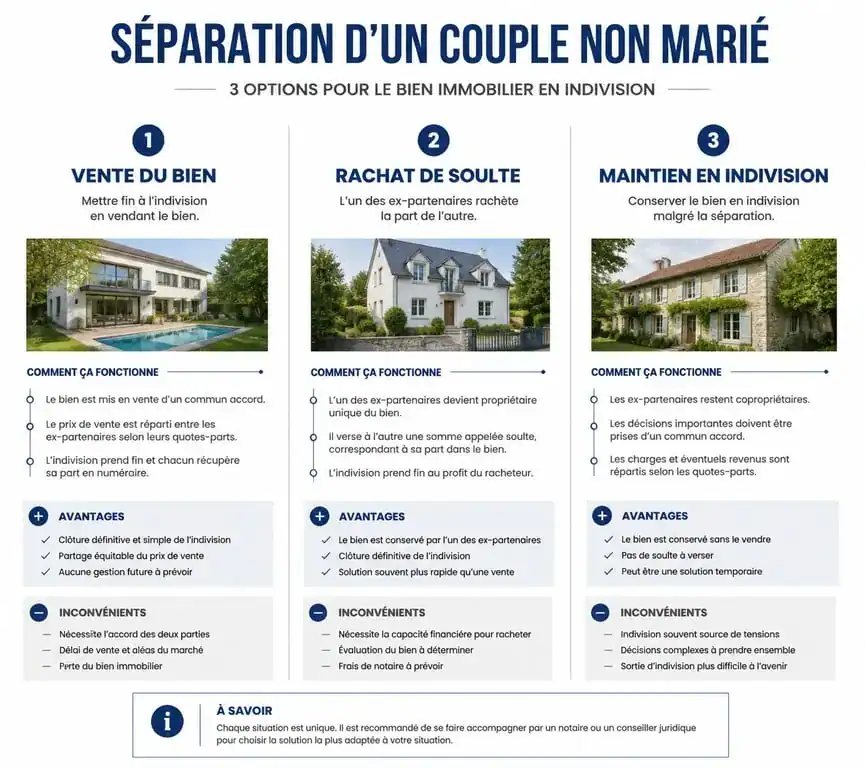 Infographie comparative des options de séparation pour un couple non marié possédant une maison en indivision