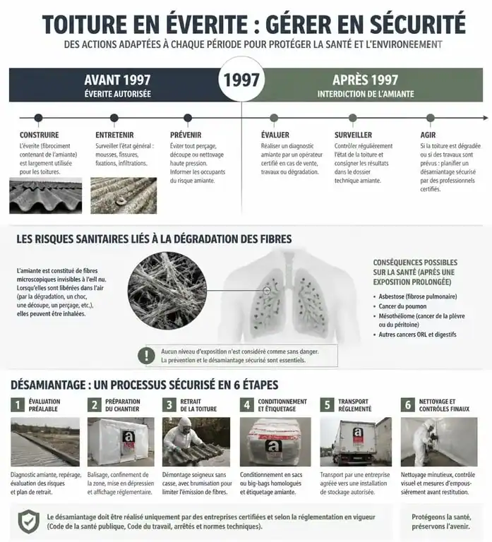 Infographie explicative sur la gestion, les risques et le désamiantage d'une toiture éverite
