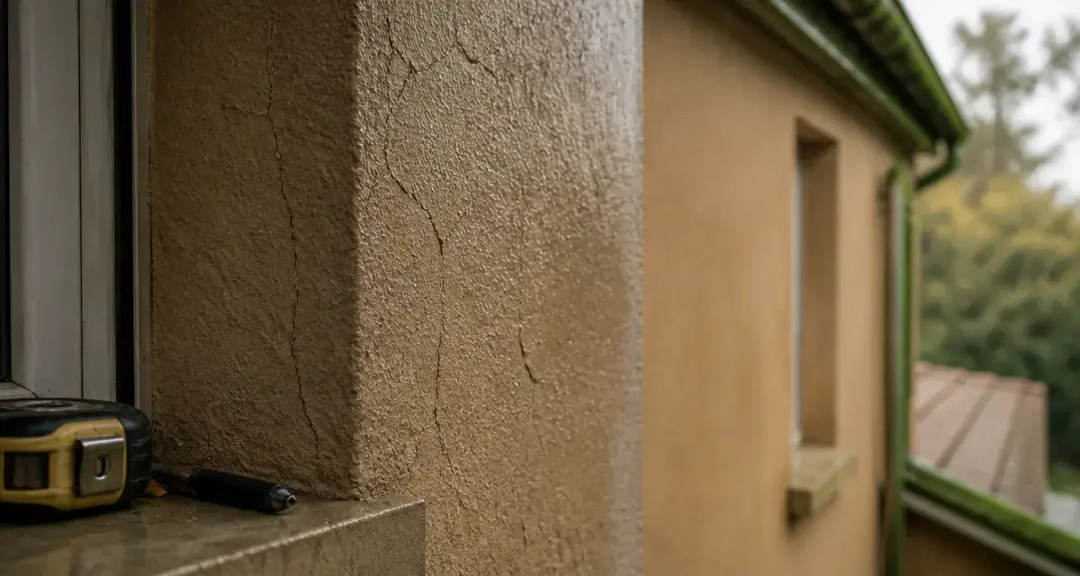 Micro fissure crépi extérieur sur façade, près d’un joint de fenêtre