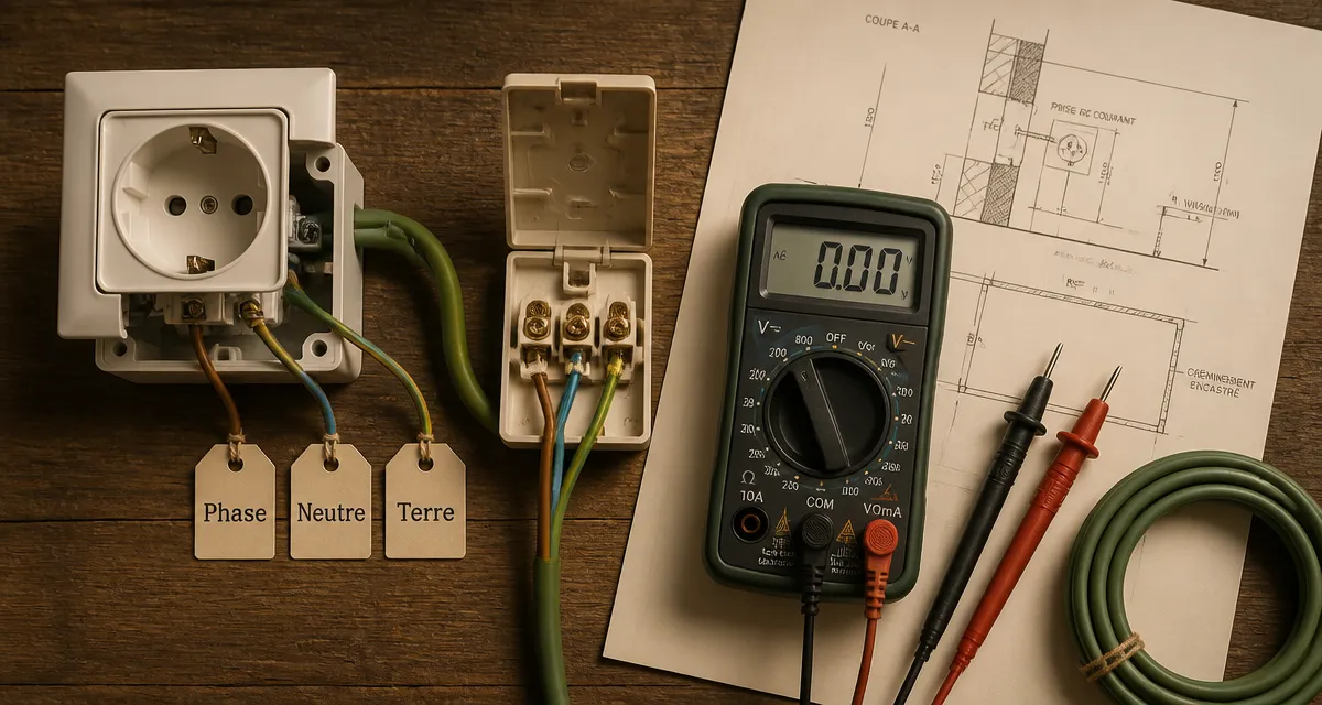Phase neutre et terre : 0 V ou 230 V, prise et multimètre