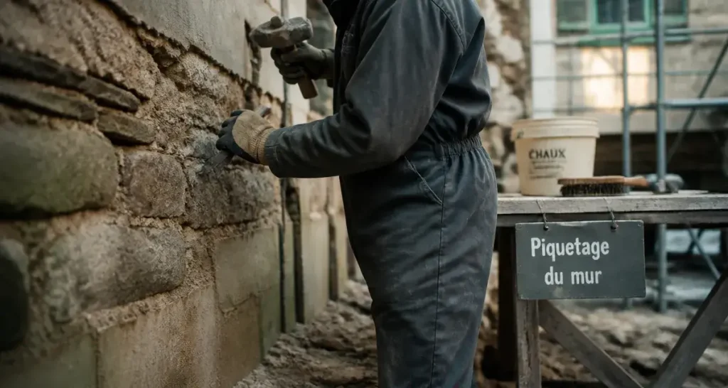 Piquetage mur par un artisan sur mur en pierre