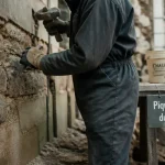 Piquetage mur par un artisan sur mur en pierre