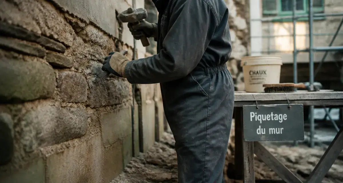 Piquetage mur par un artisan sur mur en pierre