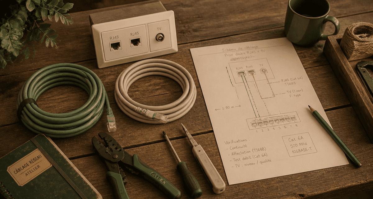 prise rj45 et tv avec câbles ethernet sur bureau
