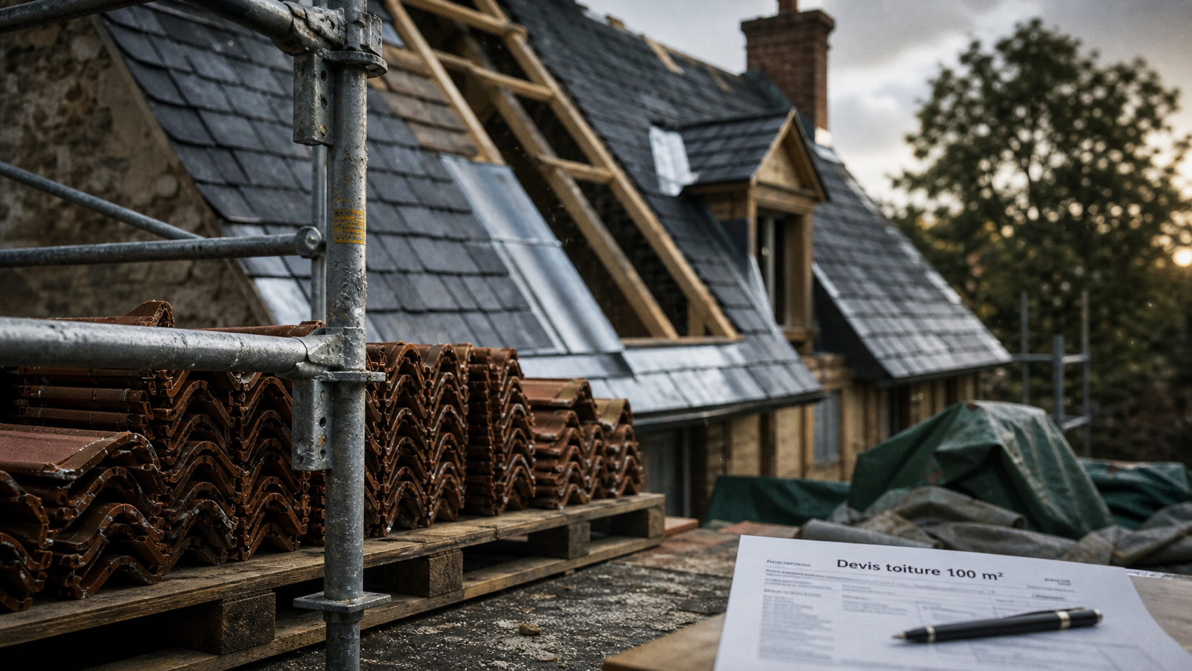 Prix d une toiture 100m2 : tuiles sur échafaudage et bâches de chantier