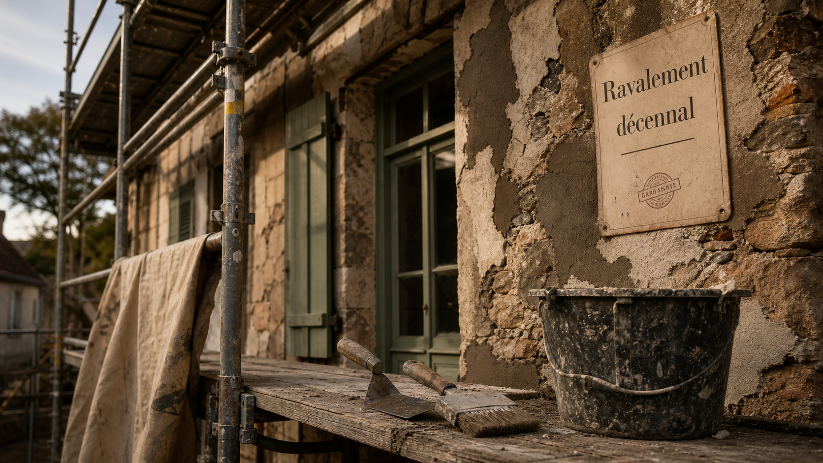 Ravalement de façade tous les combien : échafaudage et enduit fissuré en chantier