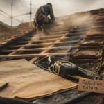Toiture à refaire : tuiles déposées, écran de sous-toiture visible