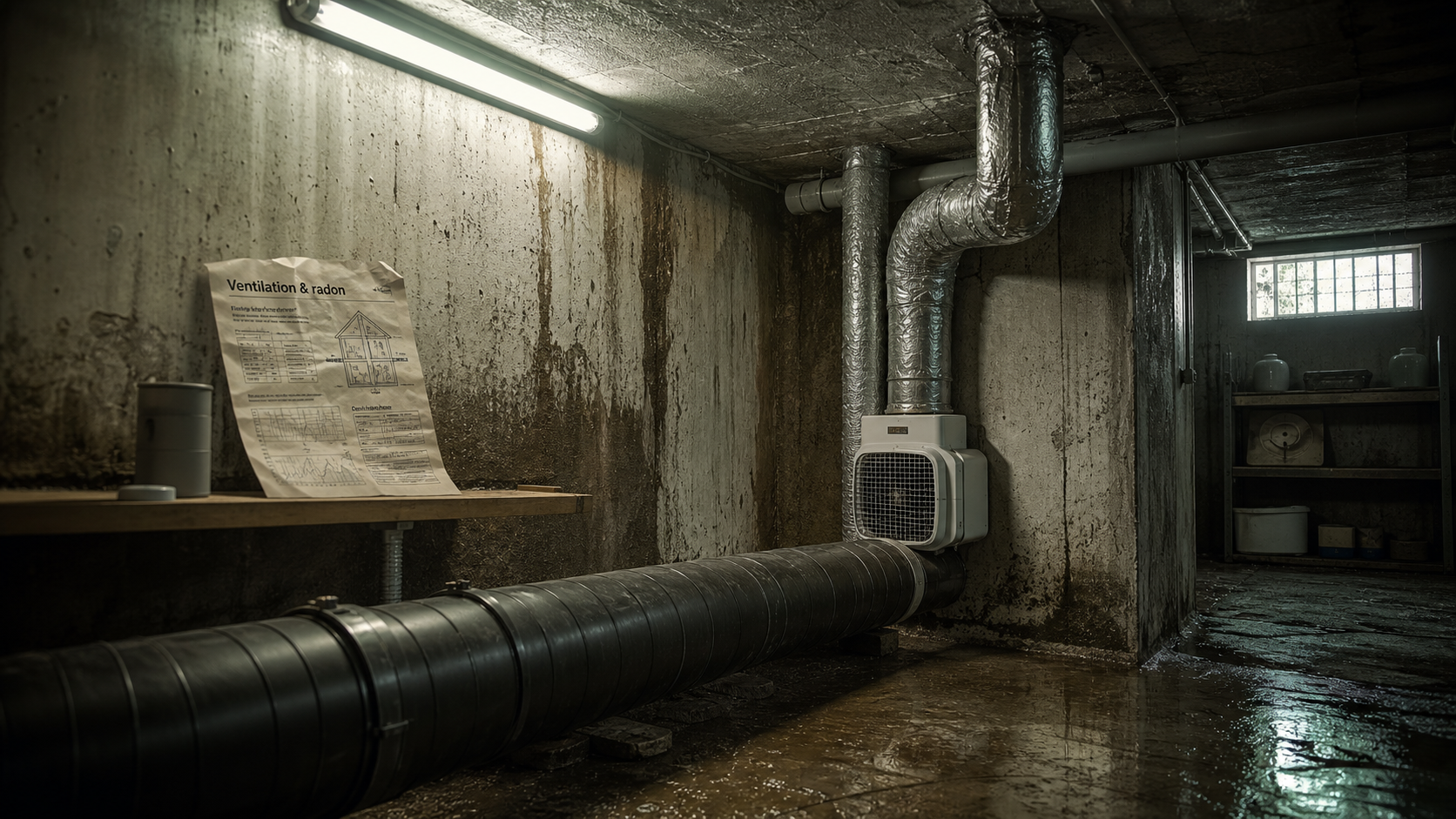 Ventilation mecanique sous sol : gaine PEHD et extracteur contre humidité et radon
