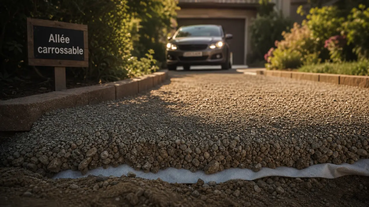 Allée carrossable pas chere : géotextile sous fondation et drainage