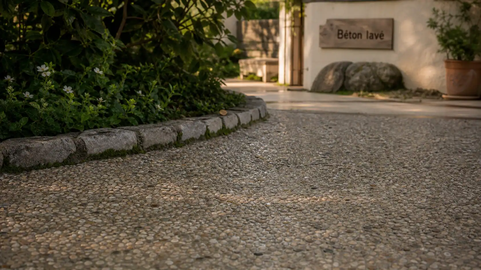Photo béton lavé avec granulats apparents en extérieur