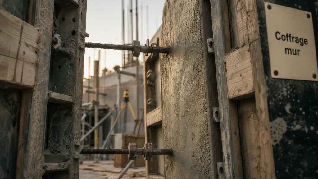 Coffrage mur avec banches métalliques et béton frais sur chantier