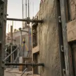Coffrage mur avec banches métalliques et béton frais sur chantier