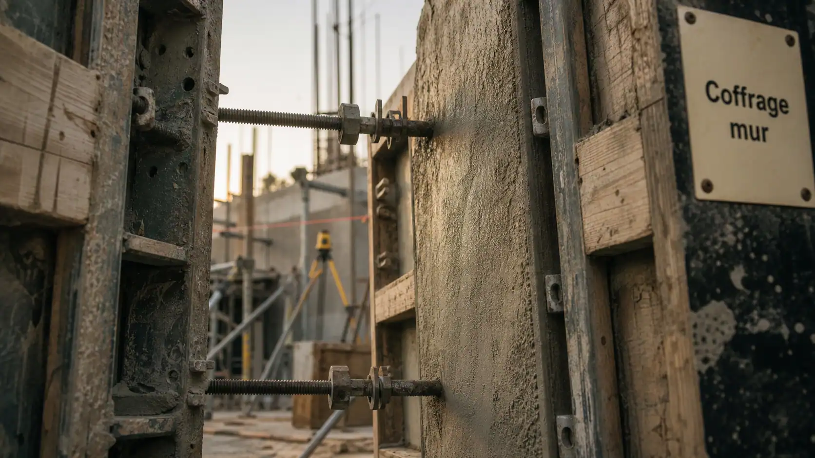 Coffrage mur avec banches métalliques et béton frais sur chantier