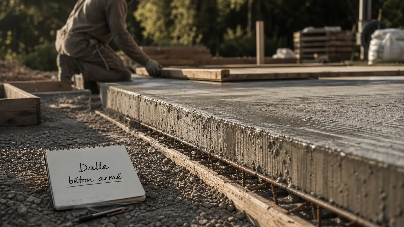 Dalle en béton armé portée 6 m sur plots, chantier en cours