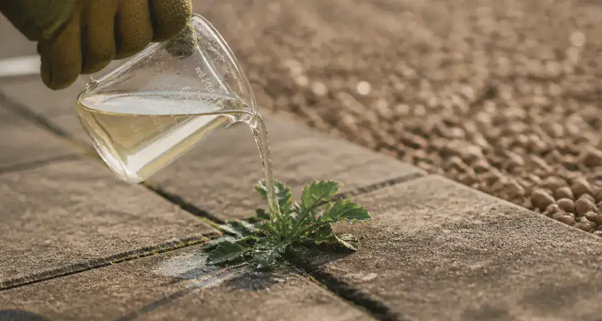 Désherbant maison au vinaigre sur mauvaise herbe entre dalles de terrasse
