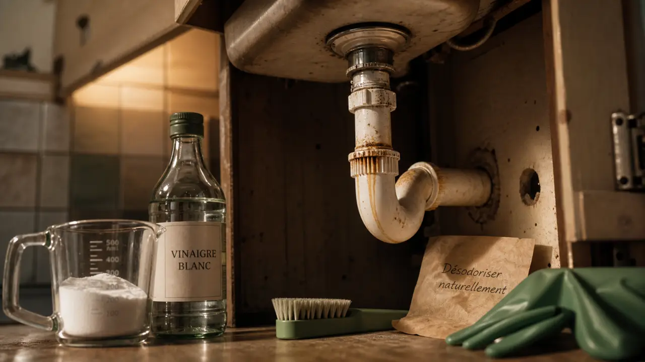 Désodoriser canalisation : bicarbonate et vinaigre sur siphon de cuisine