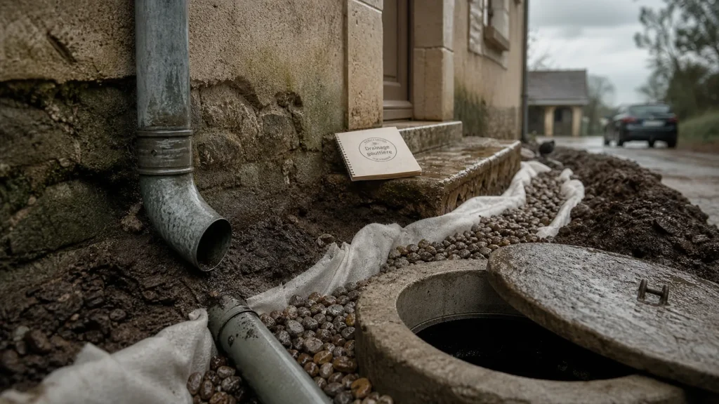 Drainage eau de pluie gouttière : tuyau enterré et gravier drainant près des fondations