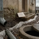 Drainage eau de pluie gouttière : tuyau enterré et gravier drainant près des fondations