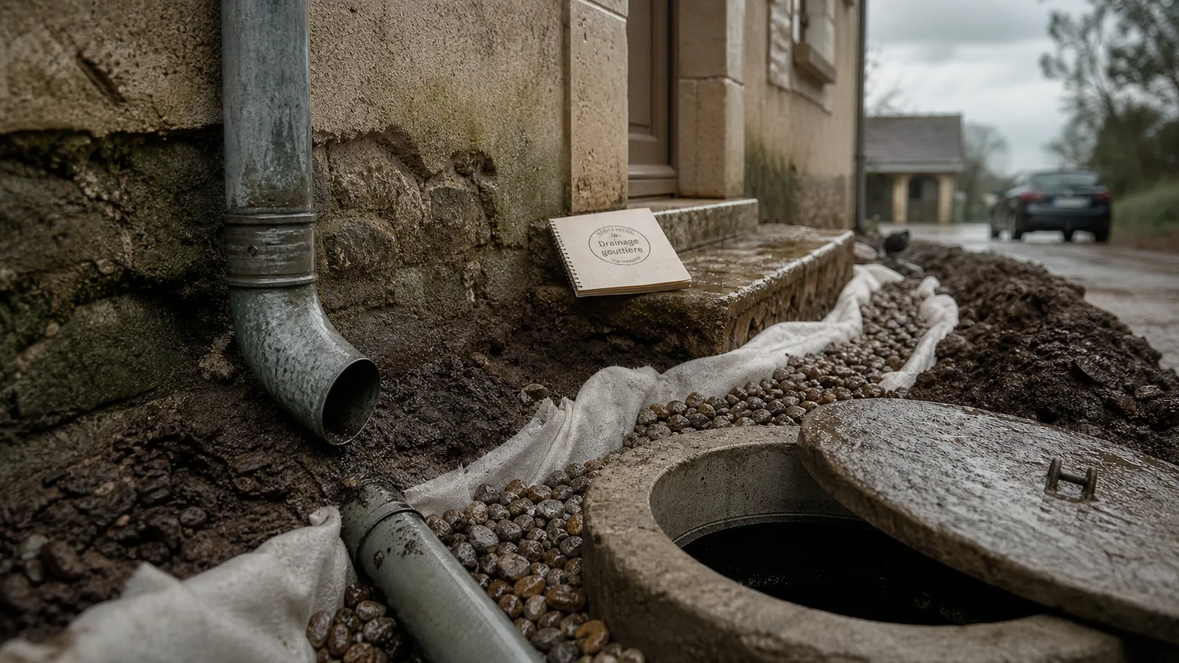 Drainage eau de pluie gouttière : tuyau enterré et gravier drainant près des fondations