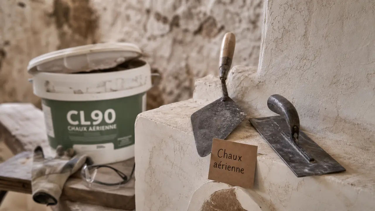 Enduit à la chaux aérienne sur mur respirant, chantier patrimonial intérieur