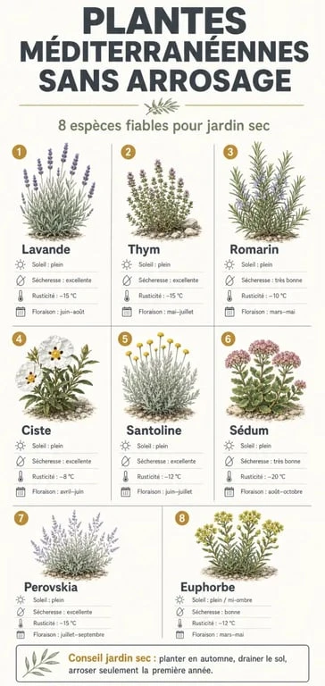 Infographie des plantes méditerranéennes sans arrosage avec lavande, thym, romarin, ciste, santoline et sédum