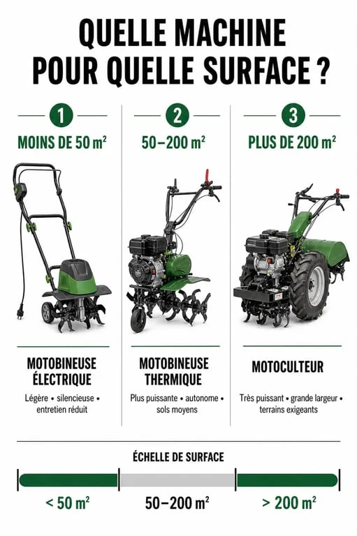 Infographie comparative pour choisir sa motobineuse en location selon la surface du jardin