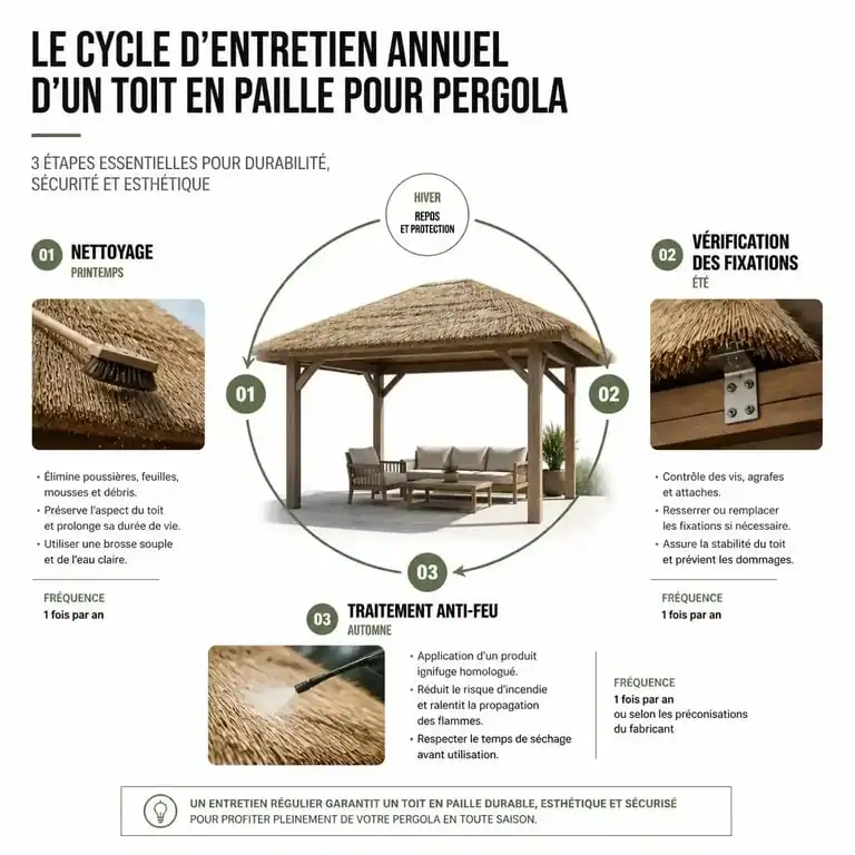 Infographie sur l'entretien d'un toit en paille pour pergola
