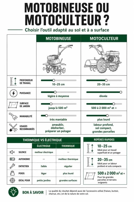 Motobineuse : infographie comparative entre motobineuse, motoculteur, version thermique et électrique