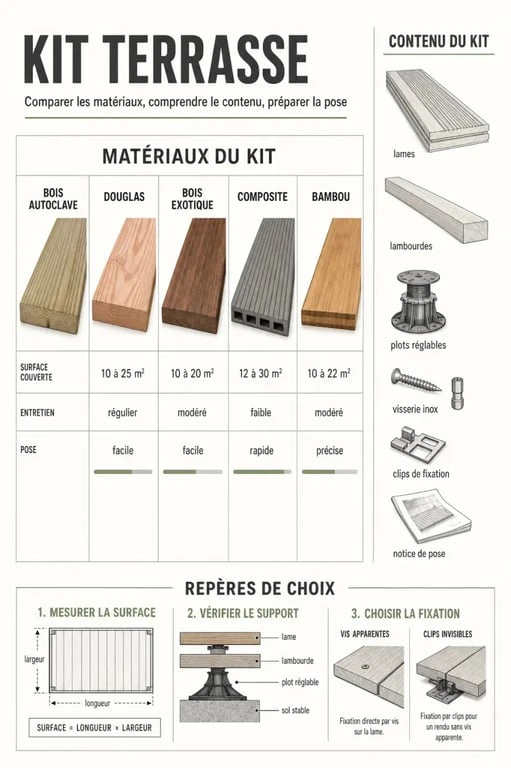 Kit terrasse : comparaison des matériaux, des surfaces et du contenu d’un kit prêt à poser