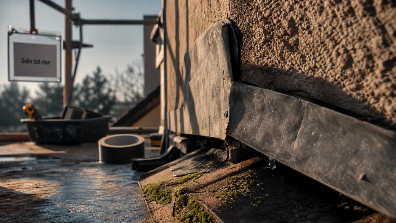 Etanchéité d'un toit contre un mur : solin zinc relevé et goutte d'eau visible