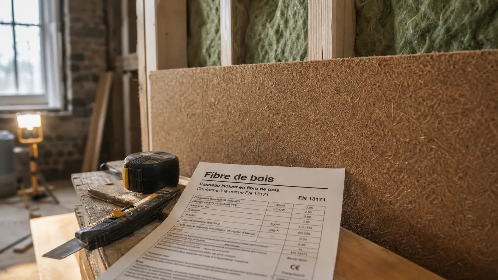 Isolation par fibre de bois : panneau en pose sur paroi, déphasage 12 h