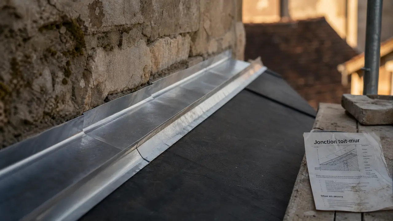 Jonction toit mur avec solin zinc : recouvrement 10 cm, risques d’infiltration