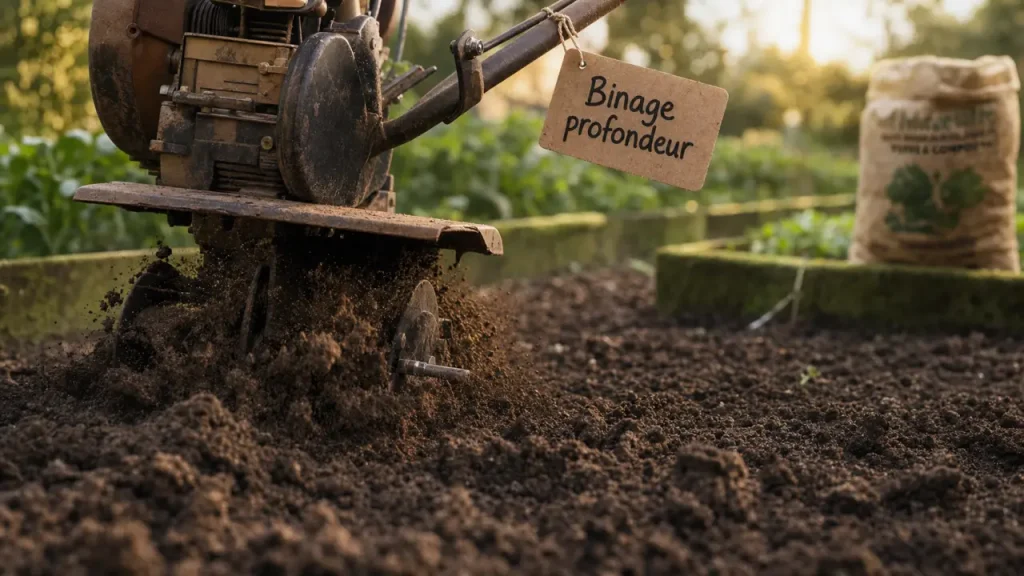Motobineuse binant la terre, profondeur de travail et sol du potager