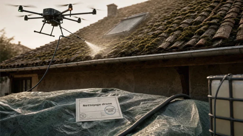 Nettoyage toiture par drone avis : sécurité et prix sur toiture couverte de mousse.