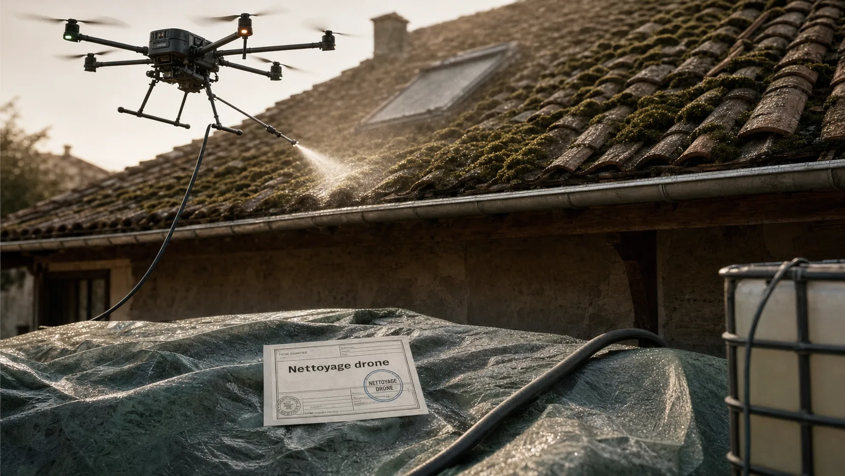 Nettoyage toiture par drone avis : sécurité et prix sur toiture couverte de mousse.