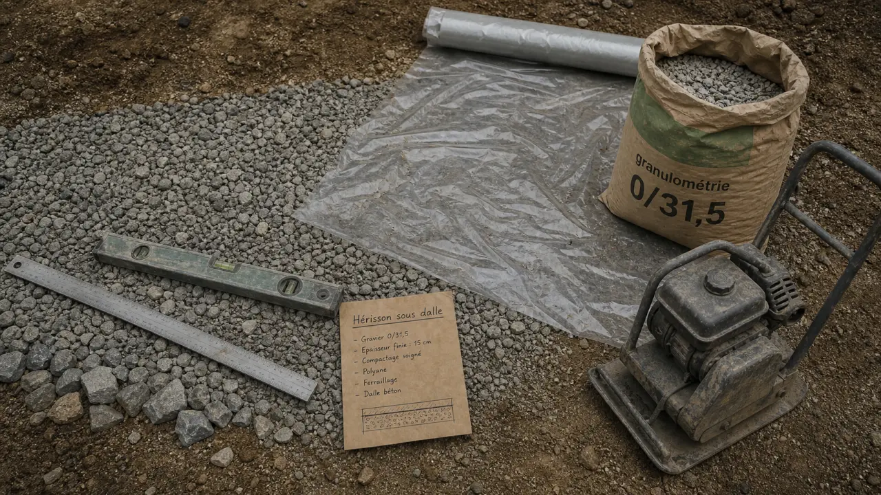 gravier sous dalle pour hérisson drainant et stable, chantier