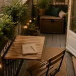 Amenager son balcon : table rabattable et jardinières sur balcon urbain étroit