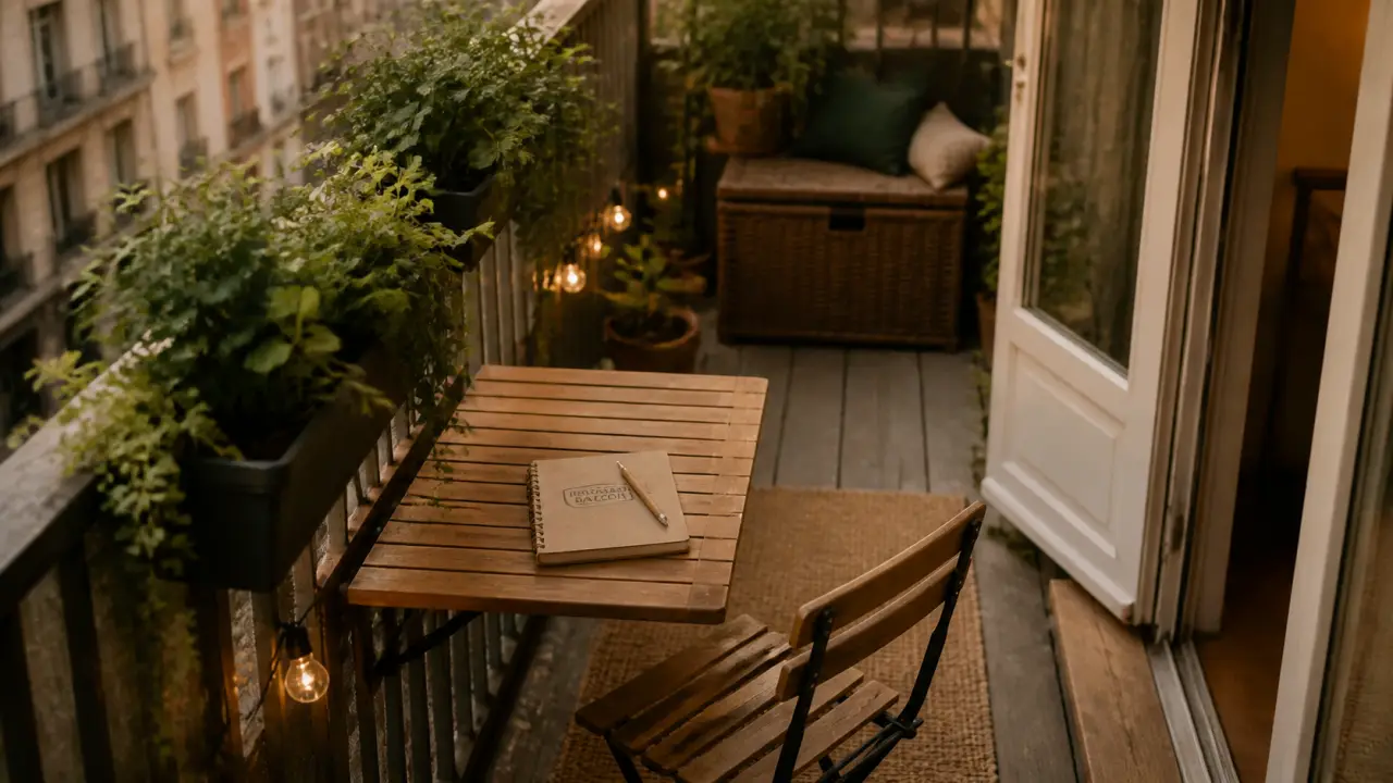 Amenager son balcon : table rabattable et jardinières sur balcon urbain étroit