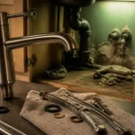 Changer un robinet de cuisine : mitigeur inox neuf sous l’évier, flexibles et joints